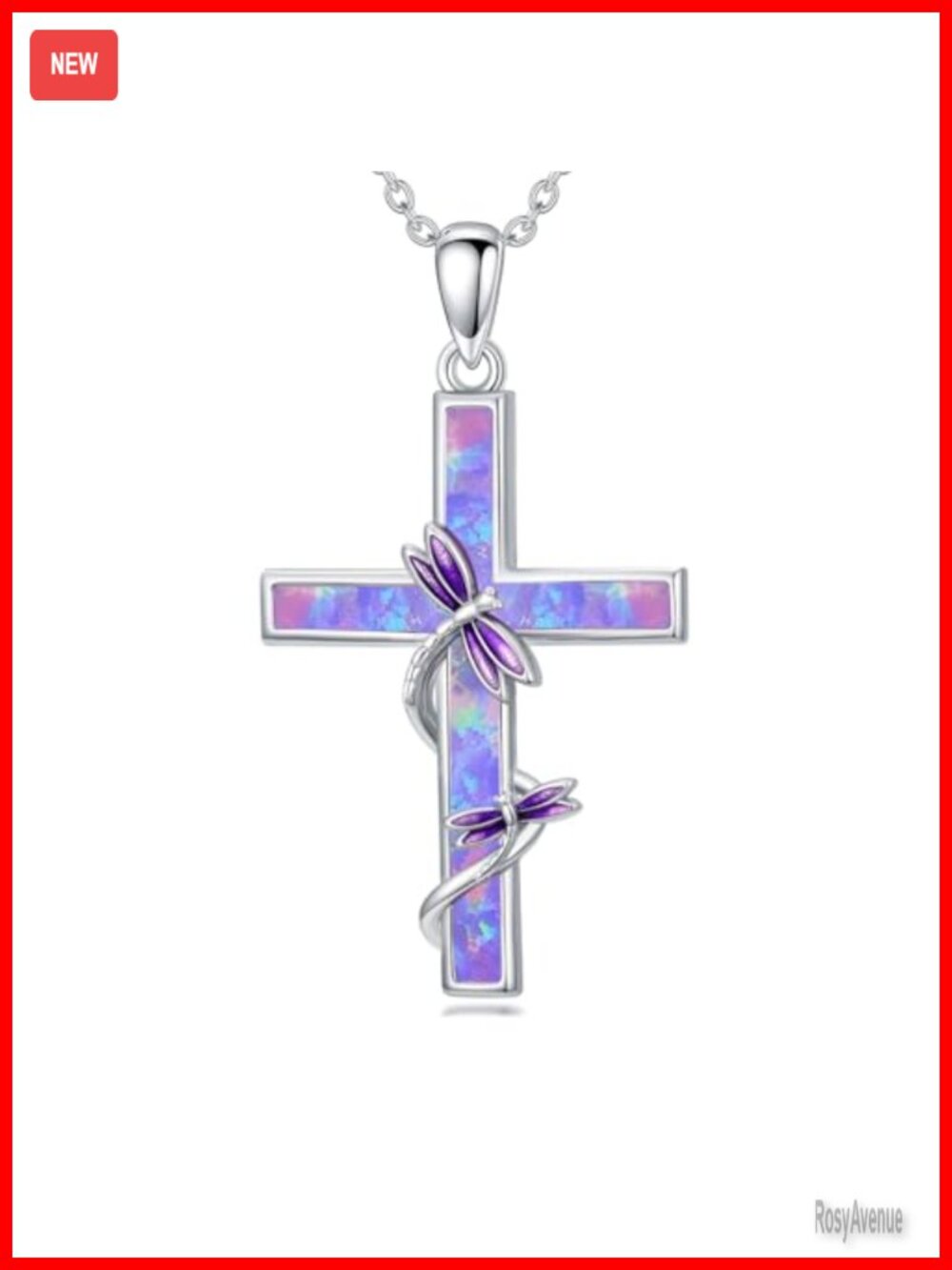 Created Opal Cross Necklace White Gold Plated Dragonfly Pendant